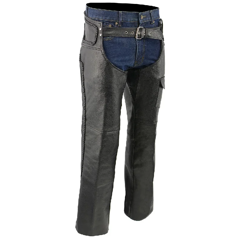 Trendy Shoes Men's XS406 Classic Black Braided Thermal Lined Leather Motorcycle Chaps with Outside Flap Pocket