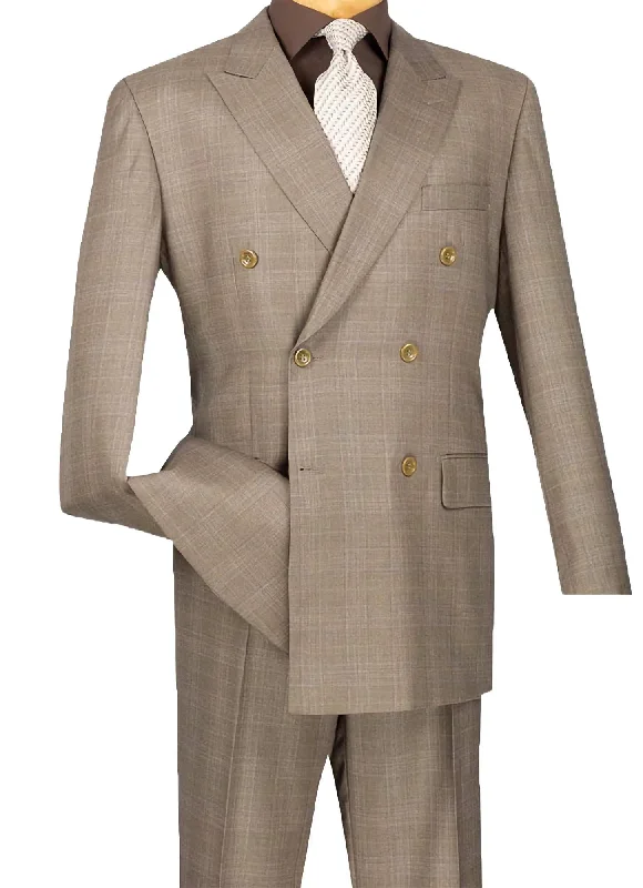 Trendy Tees Tan Double Breasted 2 Piece Suit Regular Fit Glen Plaid