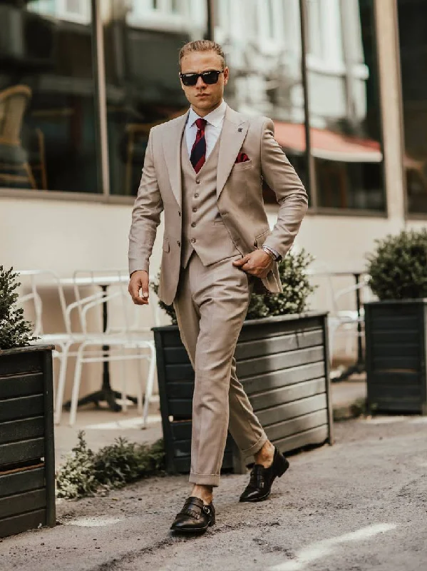 Relaxed Looks Beige Striped Slim-Fit Suit 3-Piece