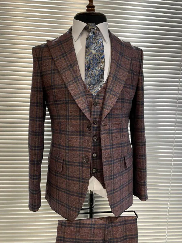 Relaxed Fit Clothing Bordeaux Plaid Slim-Fit Suit 3-Piece