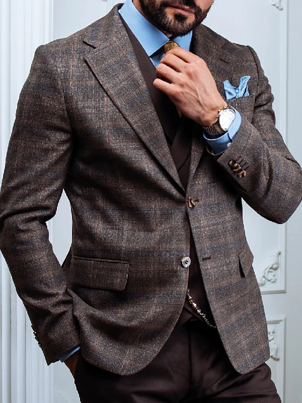Fashion Bottoms Brown Plaid Slim-Fit Suit 3-Piece