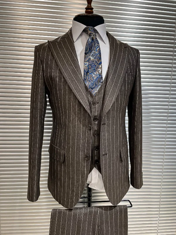 Active Styles Brown Striped Slim-Fit Suit 3-Piece