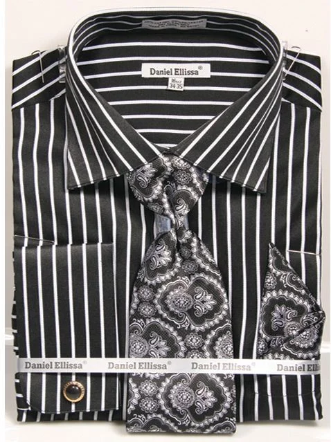 Comfy Tops French Cuff Regular Fit Shirt Set Bold Stripe Black with Cuff Links, Tie and Hanky Comfy Tops French Cuff Regular Fit Shirt Set Bold Stripe Black with Cuff Links, Tie and Hanky