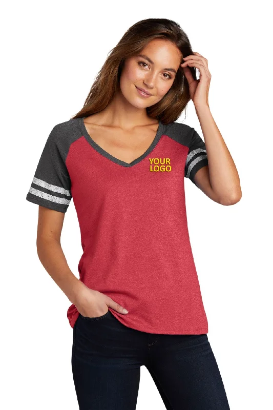 Designer Pieces District Made Ladies Game V-Neck Tee's, Heathered Red/ Heathered Charcoal