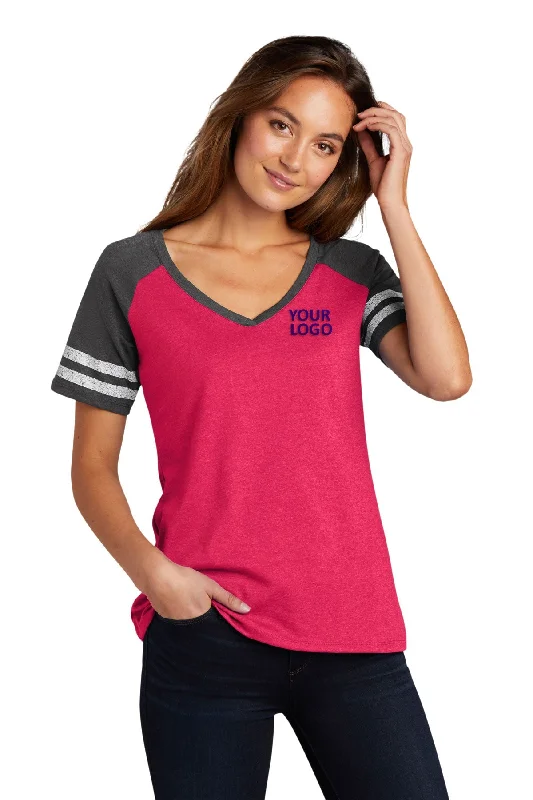 Business Casual District Made Ladies Game V-Neck Tee's, Heathered Watermelon/ Heathered Charcoal