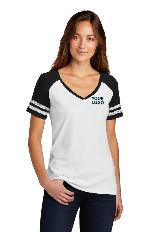 Street Style Tops District Made Ladies Game V-Neck Tee's, White/ Black