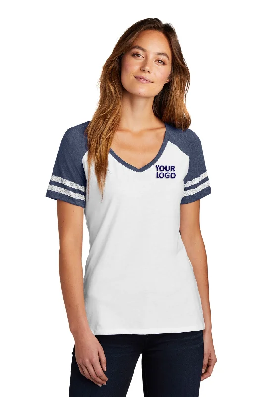 Everyday Jeans District Made Ladies Game V-Neck Tee's, White/ Heathered True Navy