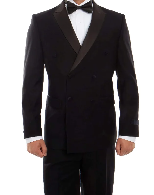 Casual Shoes Double Breasted Slim Fit Tuxedo Black with Black Satin Peak Lapel