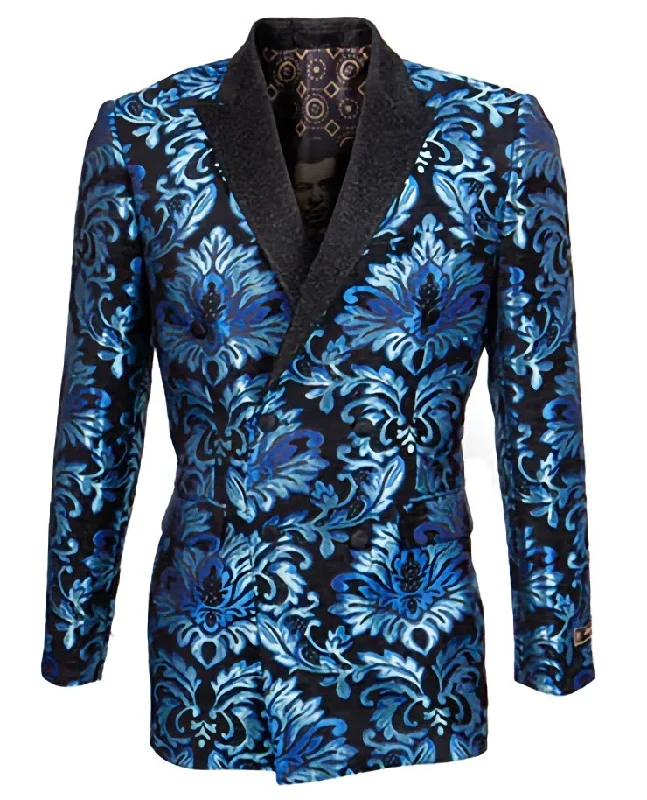 Stylish Jeans Slim Fit Turquoise Paisley Pattern Double Breasted Blazer