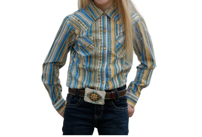 Casual Button-ups Girl's Print Long Sleeve Snap Shirt In Blue/yellow