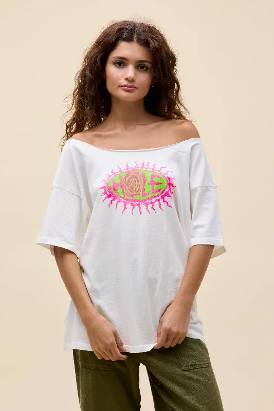 Easygoing Wardrobe Hole Sun Logo Off-The-Shoulder Merch Tee