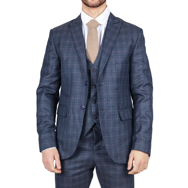 Weekend Styles Men's Blue Suit Prince Of Wales Check Tailored Fit 3 Piece Formal Dress Weekend Styles Men's Blue Suit Prince Of Wales Check Tailored Fit 3 Piece Formal Dress