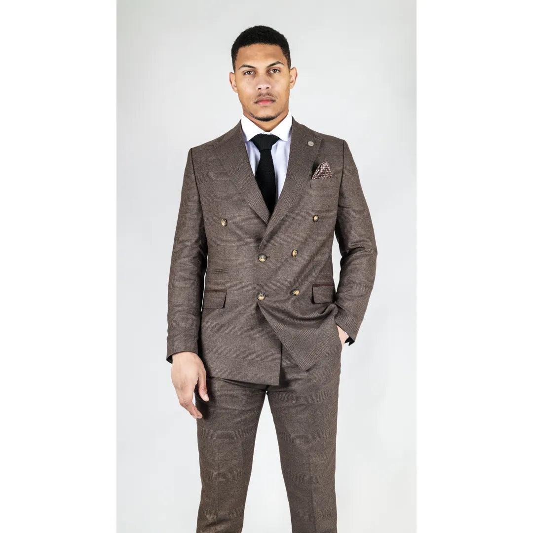 Cozy Jackets Men's Brown Suit 2 Piece Double Breasted Check Formal Dress