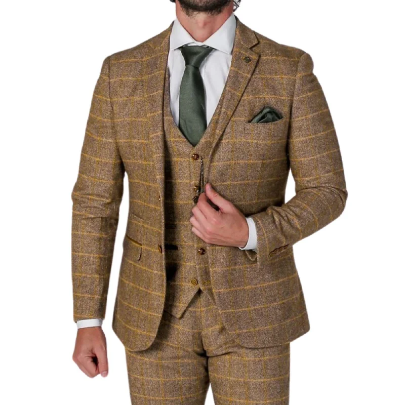 Premium T-shirts Men's Brown Suit Tweed Herringbone 3 Piece Wool Blend Formal Dress Suits