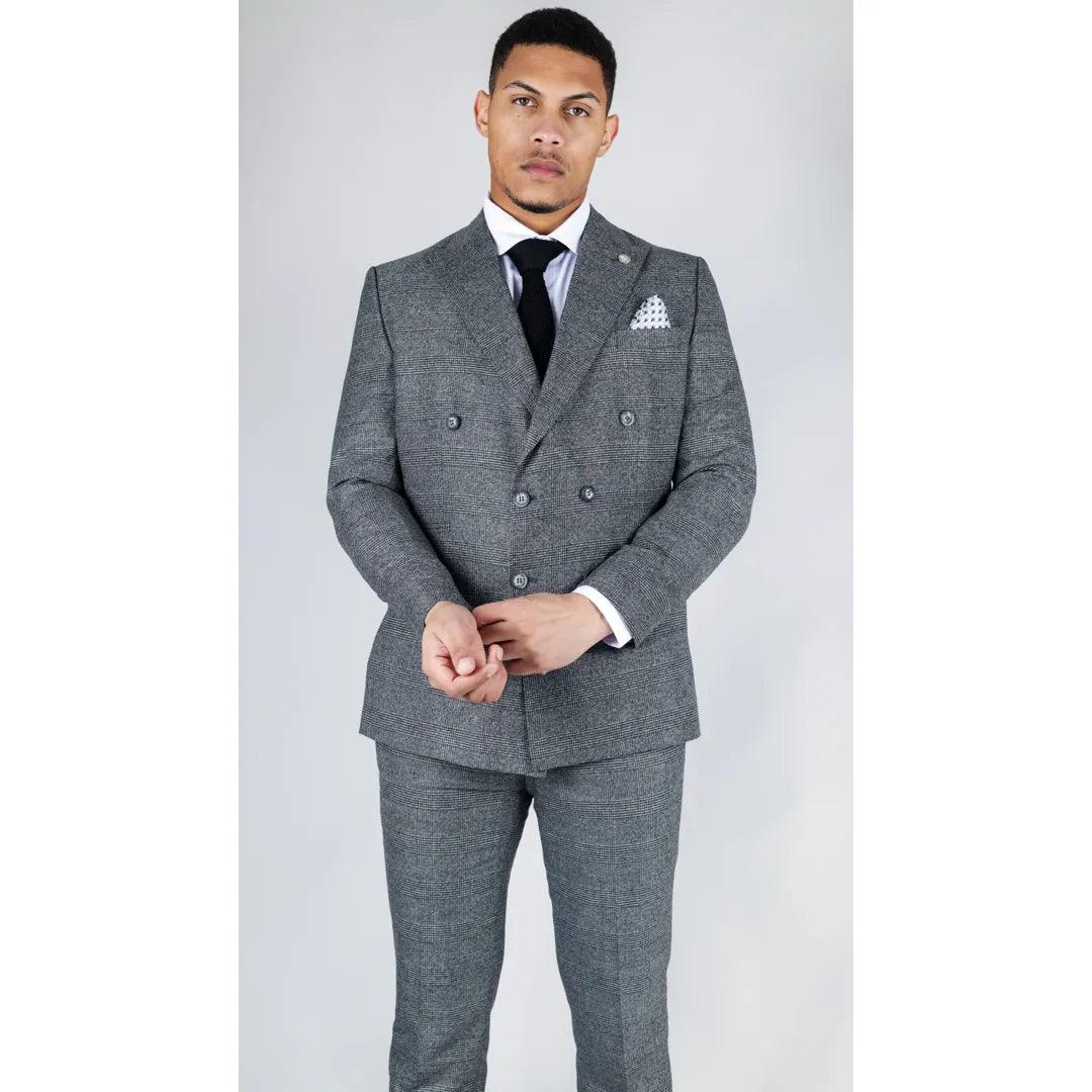 Sporty Jackets Men's Grey Suit 2 Piece Double Breasted Check Formal Dress