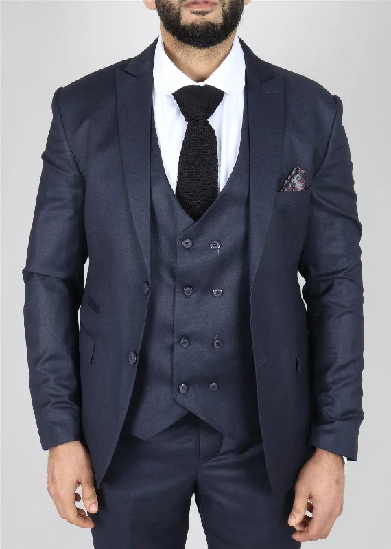 Casual Styles Men's Navy Suit Double Breasted 3 Piece Formal Dress