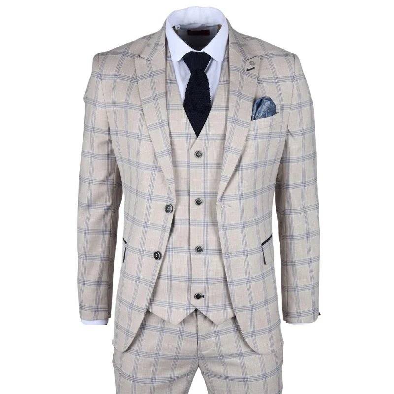 Smart Casual Wear Men's Suit 3 Piece Beige Checked Classic Plaid Tailored Fit Formal Dress Smart Casual Wear Men's Suit 3 Piece Beige Checked Classic Plaid Tailored Fit Formal Dress