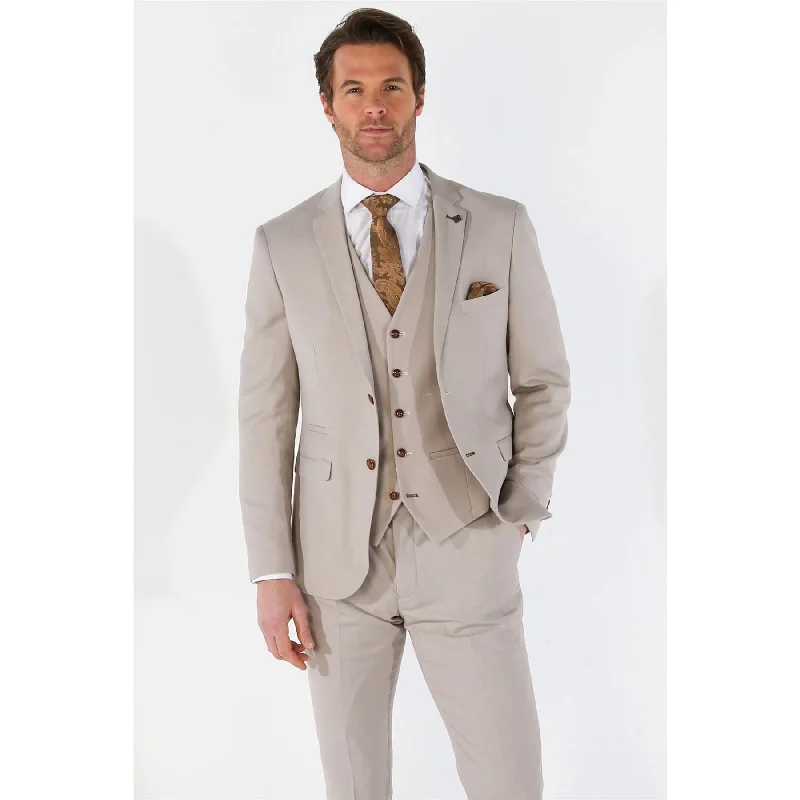 Casual Trousers Men's Suit 3 Piece Beige Classic Birdseye Summer Wedding
