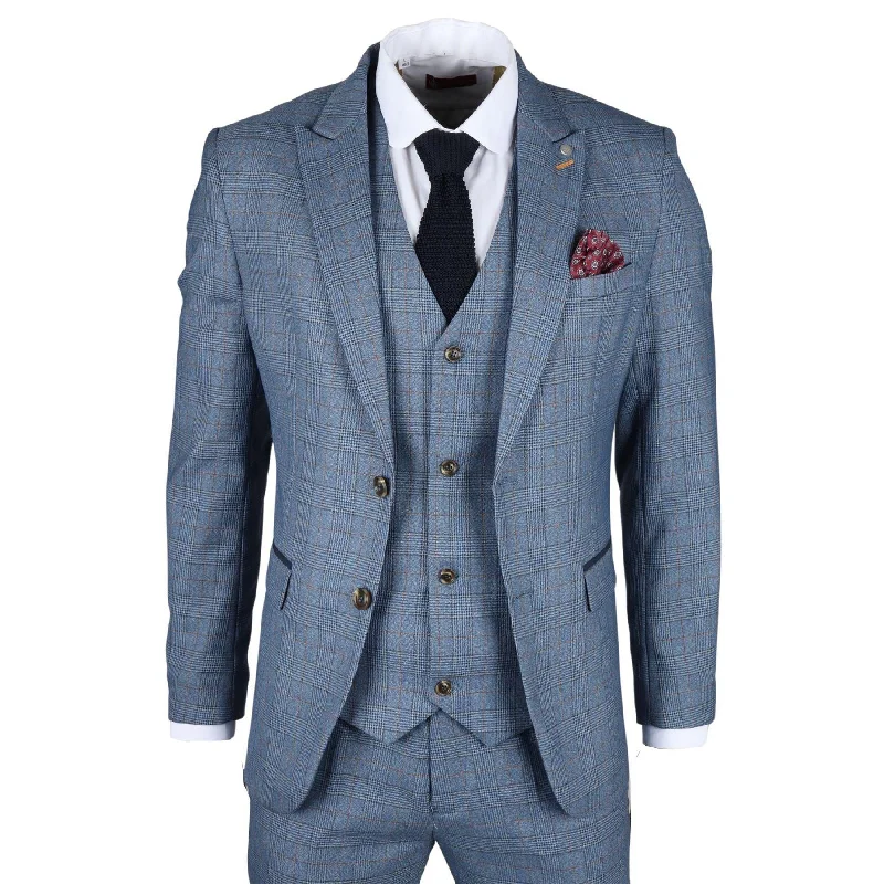 Sleek Designs Men's Suit 3 Piece Blue Checked Classic Plaid Tailored Fit Formal Dress Sleek Designs Men's Suit 3 Piece Blue Checked Classic Plaid Tailored Fit Formal Dress