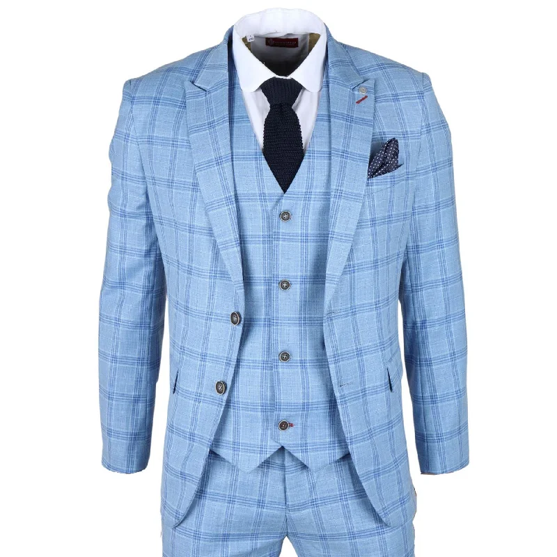 Casual Styles Men's Suit 3 Piece Light Blue Checked Classic Plaid Tailored Fit Formal Dress Casual Styles Men's Suit 3 Piece Light Blue Checked Classic Plaid Tailored Fit Formal Dress