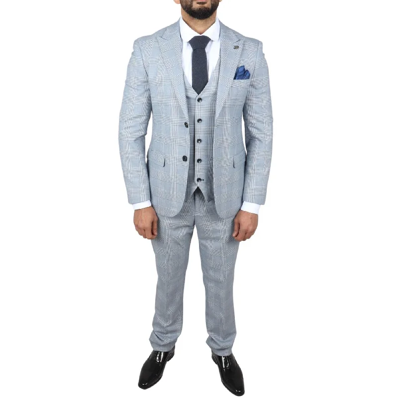 Summer Wear Men's Suit Blue 3 Piece Tweed Check Wedding Prom Tailored Fit