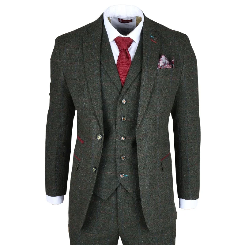 Sleek Designs Men's Suit Wool Blend 3 Piece Olive Green Herringbone Check Tweed Slim Fit Formal Dress Sleek Designs Men's Suit Wool Blend 3 Piece Olive Green Herringbone Check Tweed Slim Fit Formal Dress