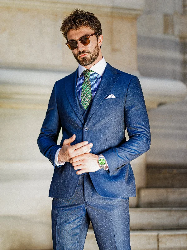 Layered Outfits Blue Striped Slim-Fit Suit 3-Piece