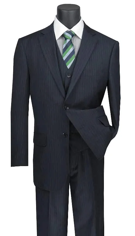 Modern Basics Stripe Collection - Regular Fit 3 Piece Suit 2 Button Tone on Tone Stripe in Navy Modern Basics Stripe Collection - Regular Fit 3 Piece Suit 2 Button Tone on Tone Stripe in Navy