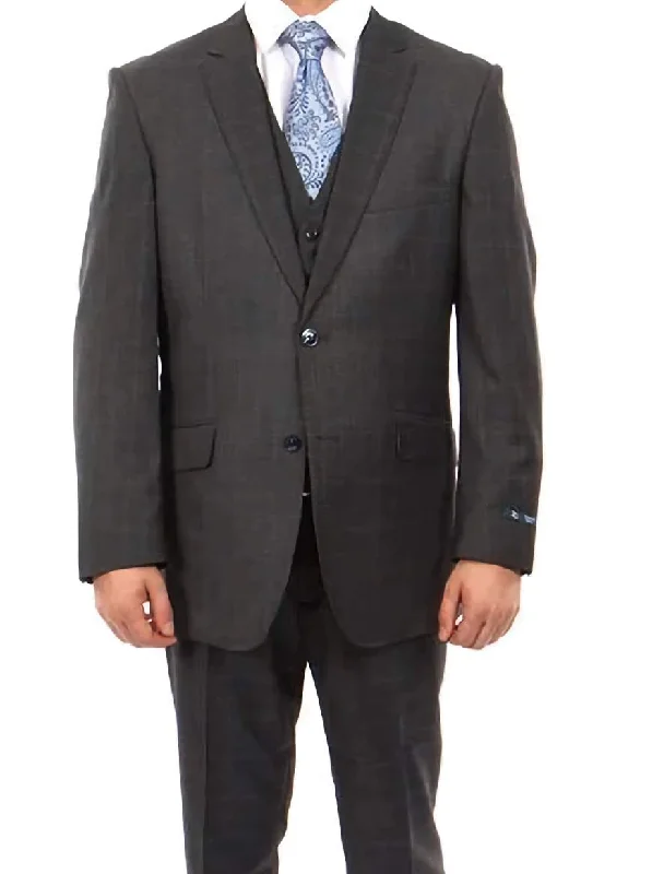 Sports Gear Wool Suit Modern Fit Windowpane 3 Piece in Dark Gray