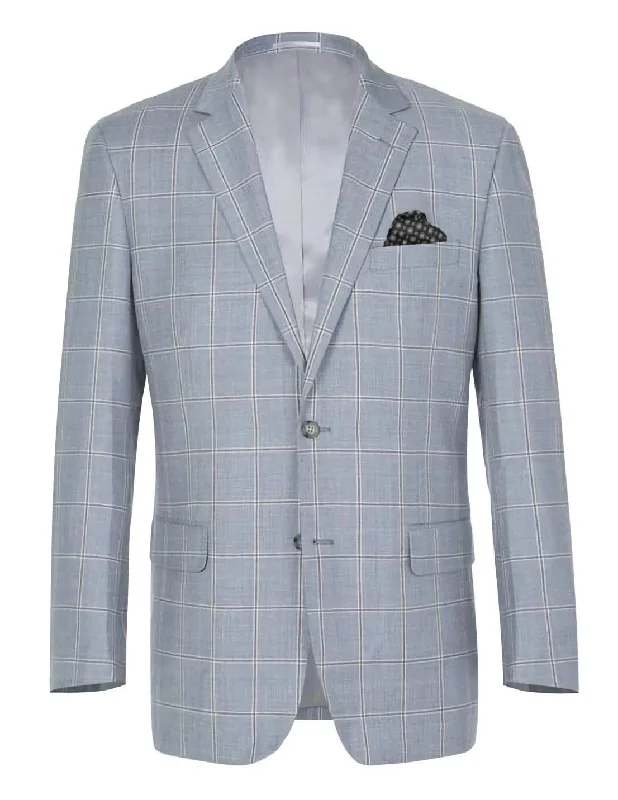 Winter Outfits Wool Windowpane Pattern Regular Fit 2 Button Blazer in Stone Blue