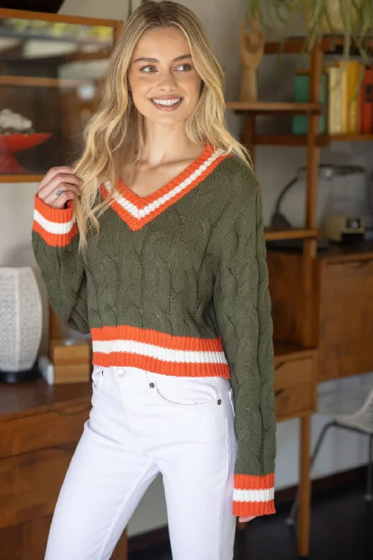 Comfy Pants Olive  Long Sleeve Contrast Striped Cropped Sweater
