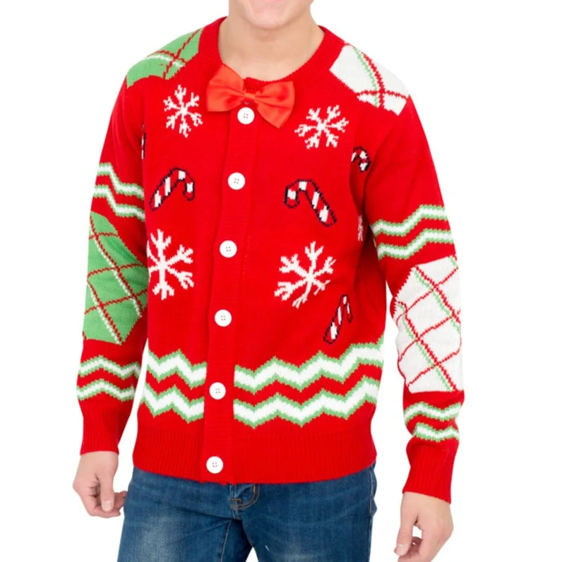 Comfy Tops Candy Canes and Snowflakes Button Up Ugly Christmas Sweater with Bowtie