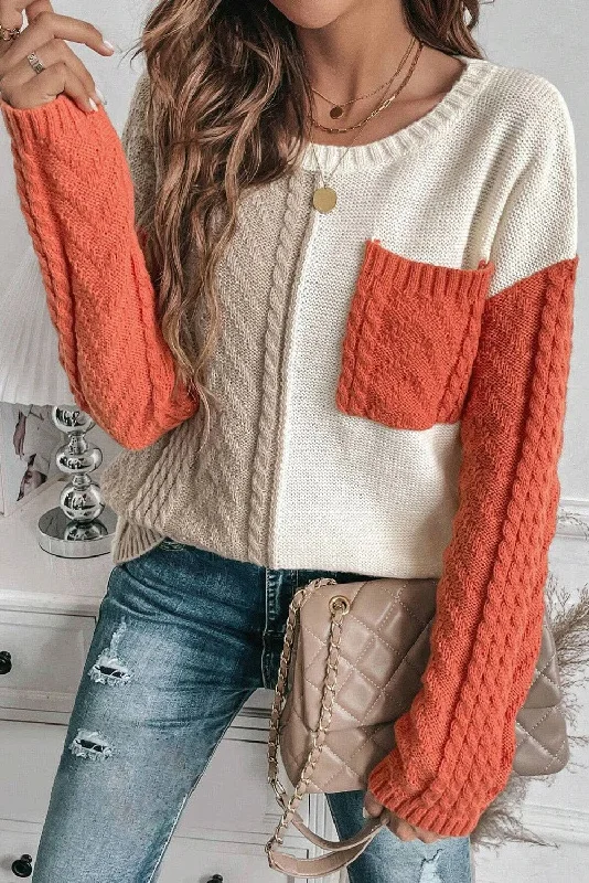Chic Styles Colorblock Cable Patch Pocket Sweater