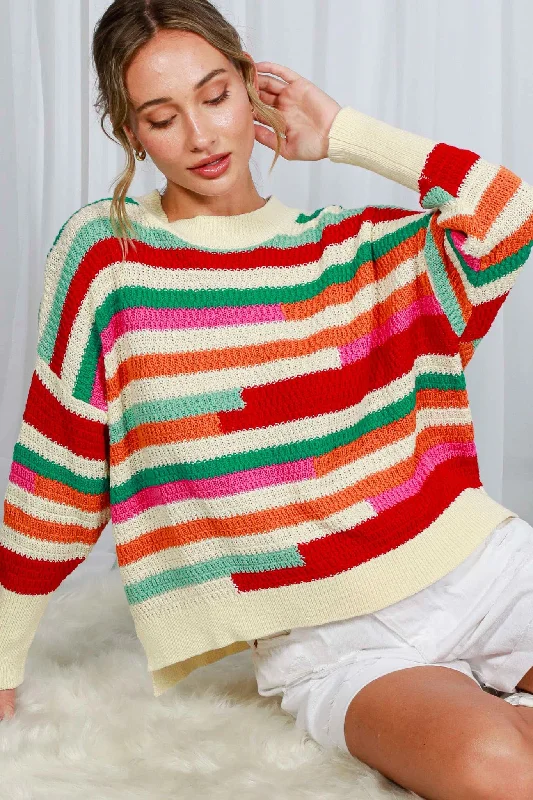 Athletic Gear Multi Crew Neck Color Block Striped Cotton Crochet Sweater