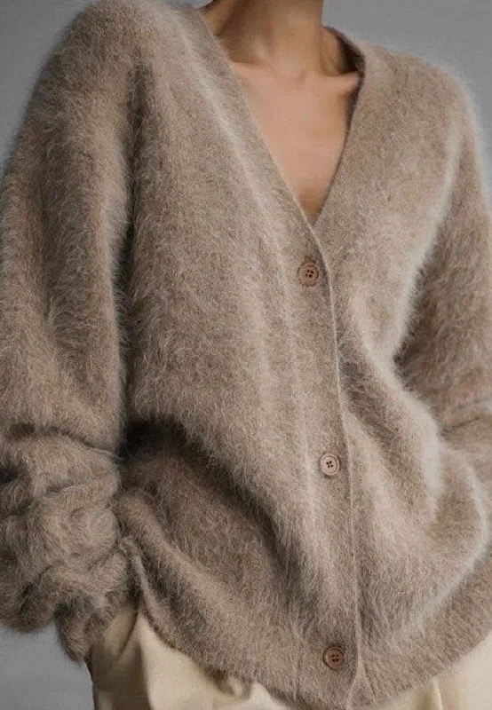Casual Jackets Beige Fuzzy Oversized Button Front Cardigan