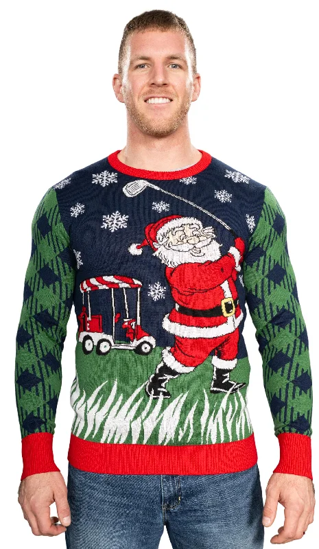 Fresh Outfit Golfing Santa Claus Playing Golf Snowflakes Knitted Ugly Christmas Sweater