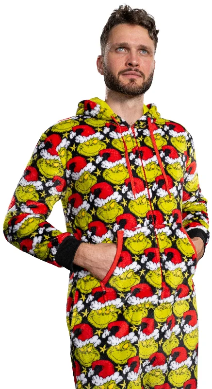 Modern Clothing Grinch with Santa Hat Face All Over Pajamas Jumpsuit Christmas Union Suit with Hood and Pockets for Mens and Womens