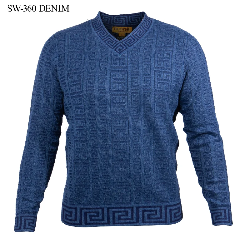 Relaxed Looks L/S Greek Print V-Neck Sweater | Denim