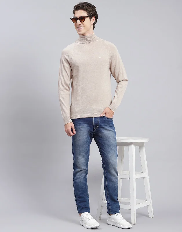 Office Outfits Men Beige Solid High Neck Full Sleeve Pullover