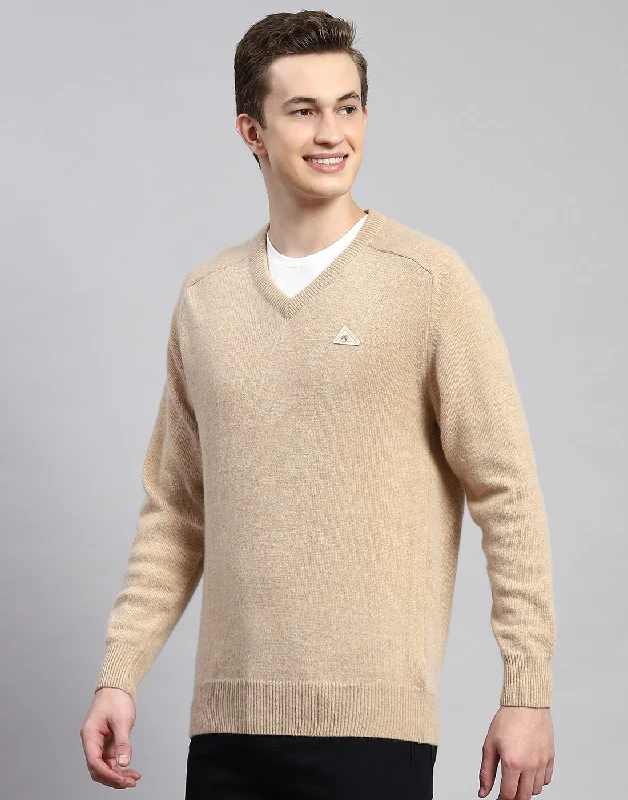 Comfortable Fits Men Beige Solid V Neck Full Sleeve Pullover