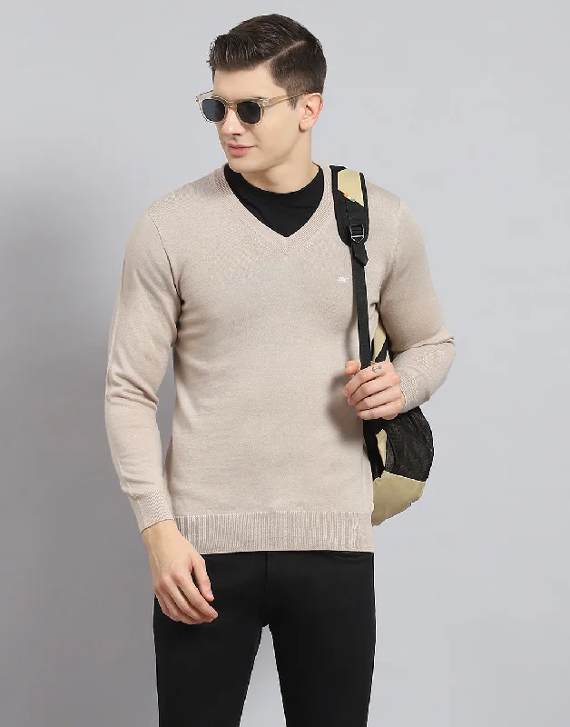 Modern Clothing Men Beige Solid V Neck Full Sleeve Pullover