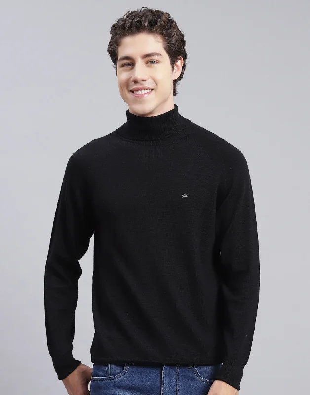Soft Fabrics Men Black Solid High Neck Full Sleeve Pullover