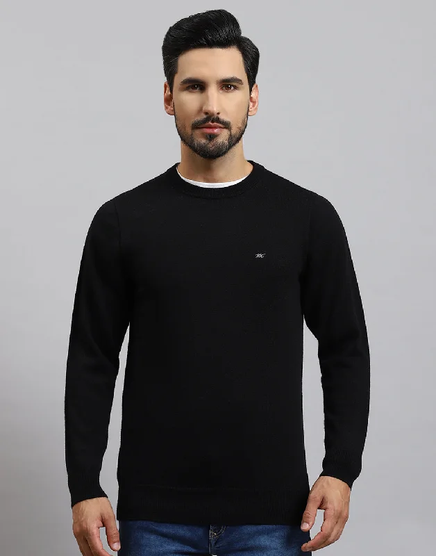 Summer Wear Men Black Solid Round Neck Full Sleeve Pullover