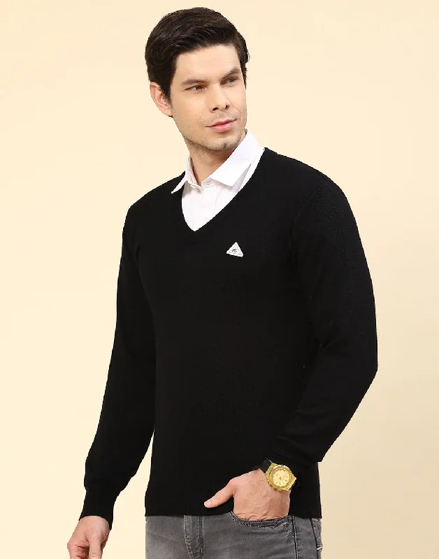 Comfort Clothes Men Black Solid V Neck Full Sleeve Pullover