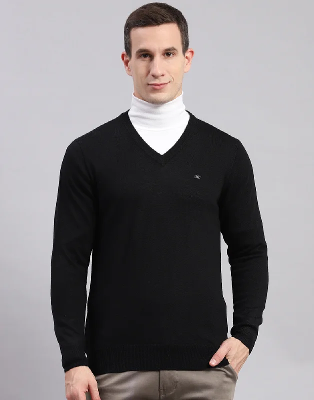 Summer Trends Men Black Solid V Neck Full Sleeve Pullover