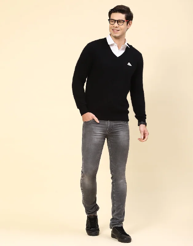 Layered Styles Men Black Solid V Neck Full Sleeve Pullover