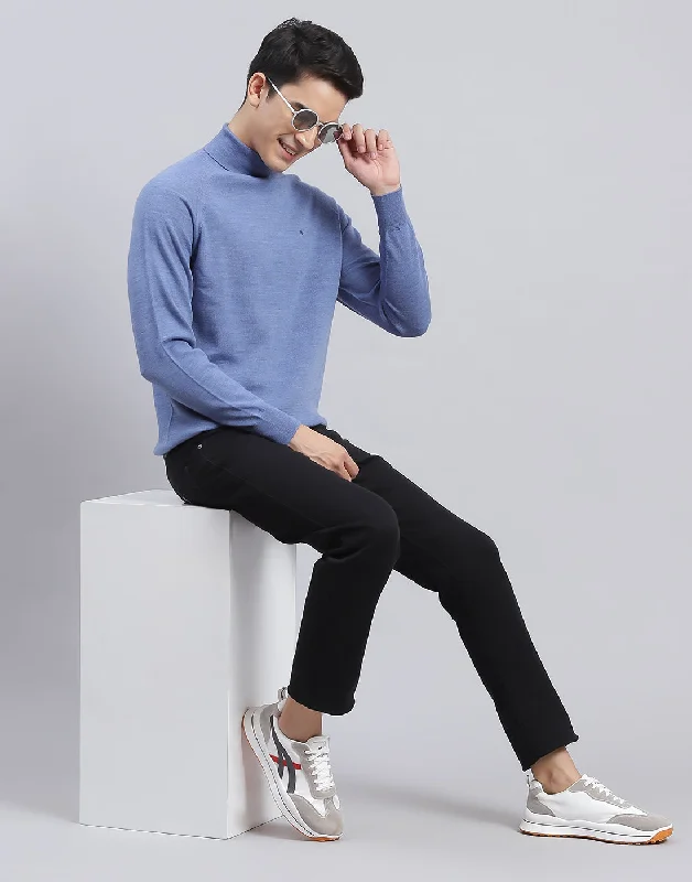 Urban Gear Men Blue Solid High Neck Full Sleeve Pullover