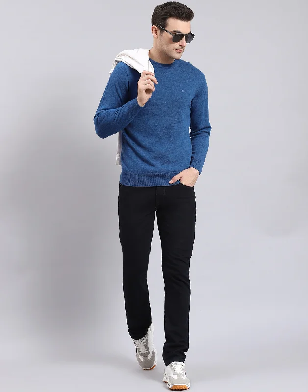 Lightweight Jackets Men Blue Solid Round Neck Full Sleeve Pullover