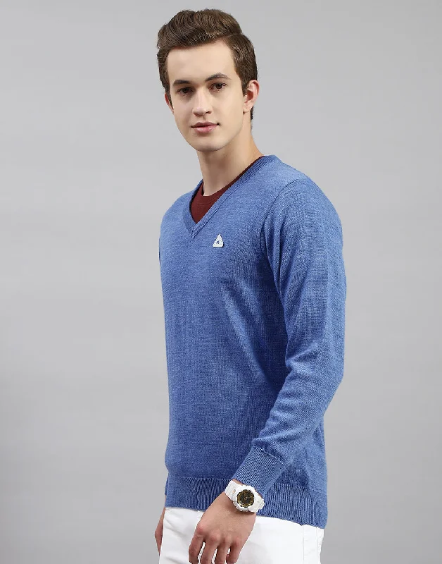 Trendy Pants Men Blue Solid V Neck Full Sleeve Pullover