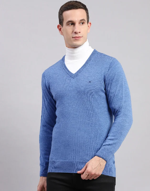 Smart Pants Men Blue Solid V Neck Full Sleeve Pullover